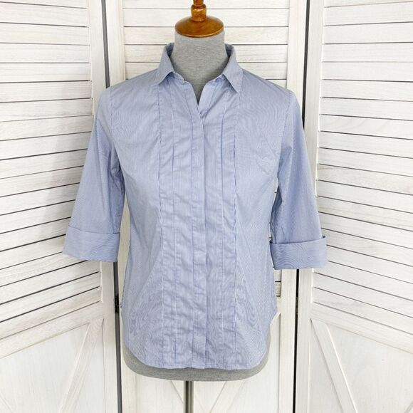 Worthington Petite Striped Faux Pleat Button Front Shirt Blue White Small - Picture 1 of 12